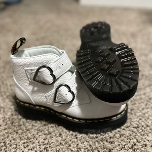 Dr. Martens White Leather Heart Buckle Ankle Boots